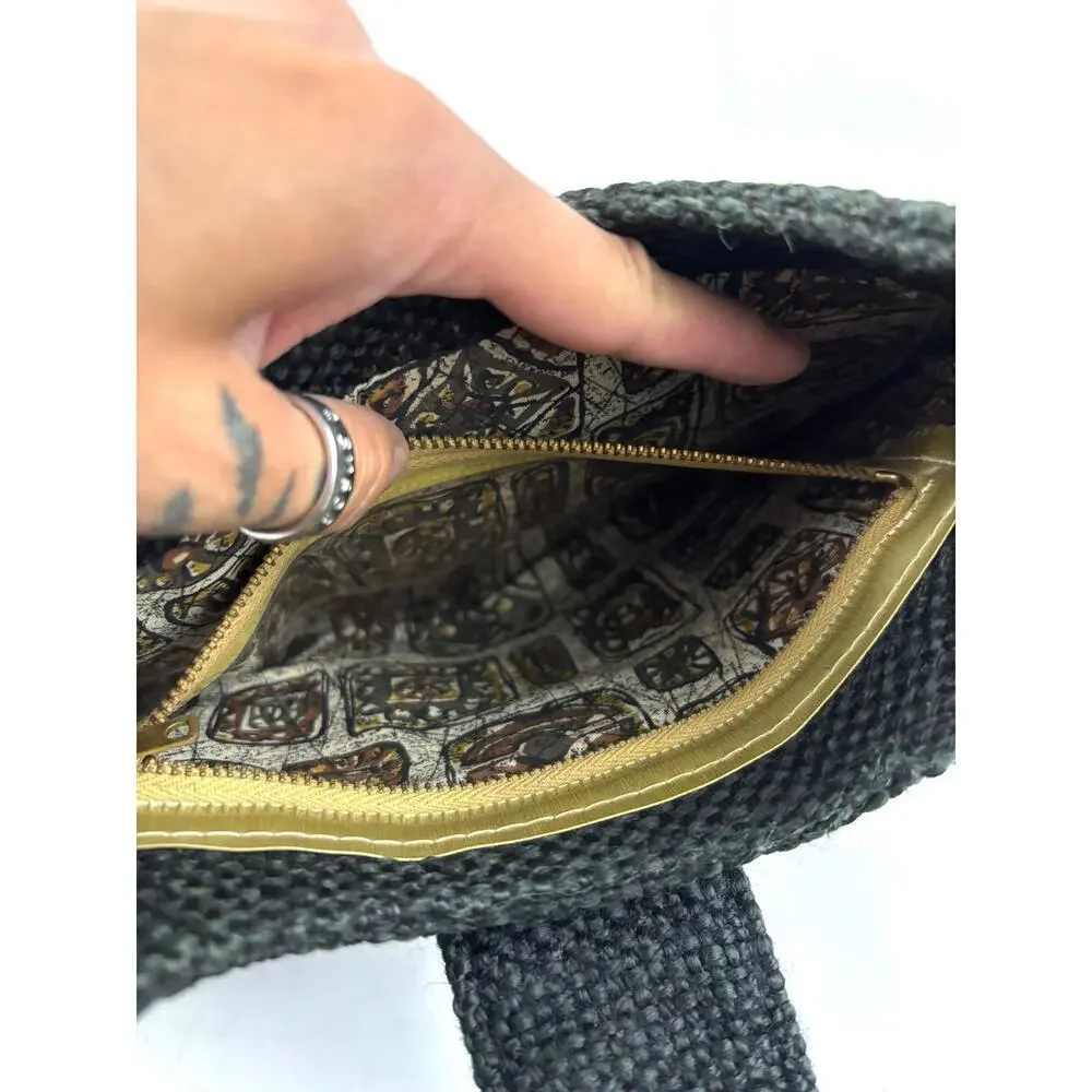 VTG 1970s Charcoal Black Tweed‎ Hobo Bag Gold Hardware Unique